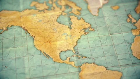 Vintage sepia colored world map - zoom in to North America - blank version. Stock Footage