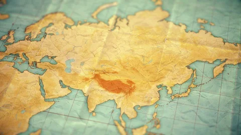 Vintage sepia colored world map - zoom in to Asia - blank version. Stock Footage