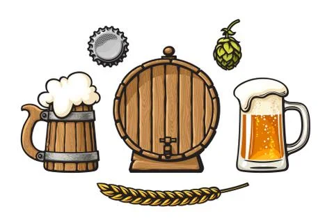 Vintage set of beer objects. Barrel, glass mug of beer with foam and bubbles イラスト素材