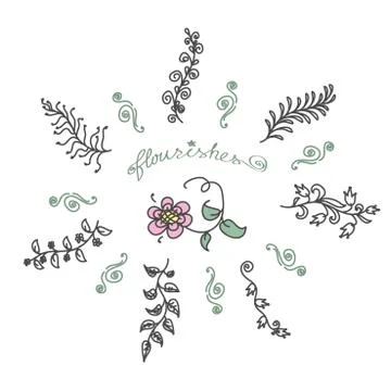 Vintage set of hand drawn rustic laurels. Floral vector graphic. Illustrazione stock