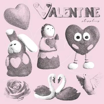 Vintage set of Valentines Day elements set with retro grunge vibe and halftone 库存插图