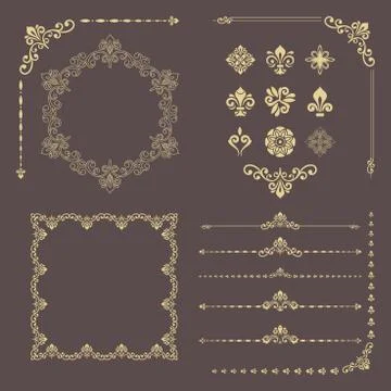 Vintage Set of Vector Horizontal, Square and Round Golden Elements Illustrazione stock
