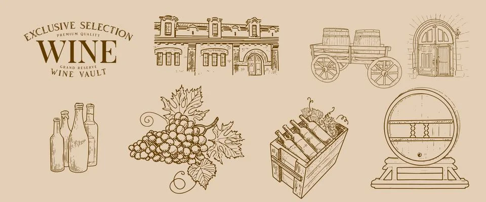 Vintage set of wine objects. Stock Illustration