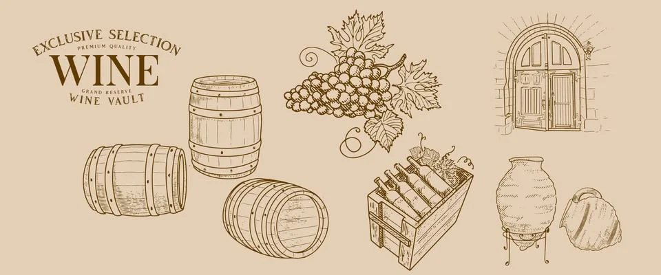 Vintage set of wine objects. Stock Illustration