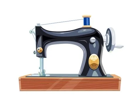 Vintage sewing machine with blue spool thread. Equipment for sew vogue clothe Stock Illustration