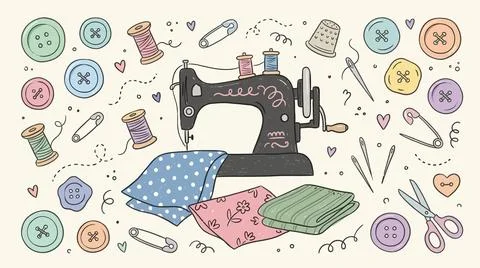 Vintage sewing machine illustration surrounded by fabric spools buttons and.. Stock Illustration