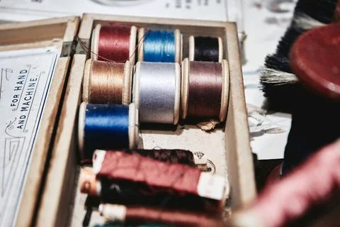 Vintage sewing threads. Selective focus on the threads. Close up Stock Photos