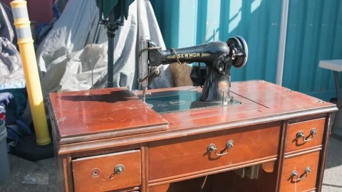Vintage Sewmor Sewing Machine Displayed at Colorado Flea Market Stock Footage 345718829
