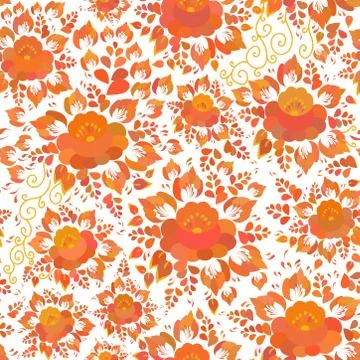 Vintage shabby Chic Seamless pattern with red orange flowers and leaves on wh Stock Illustration