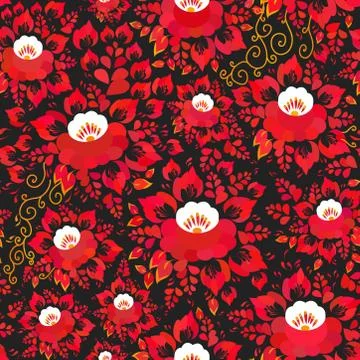 Vintage shabby Chic Seamless pattern with red orange flowers and leaves on bl 스톡 일러스트