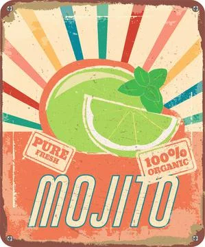 Vintage shabby slightly rusty advertising banner. fresh mojito. vector illust Stock Illustration