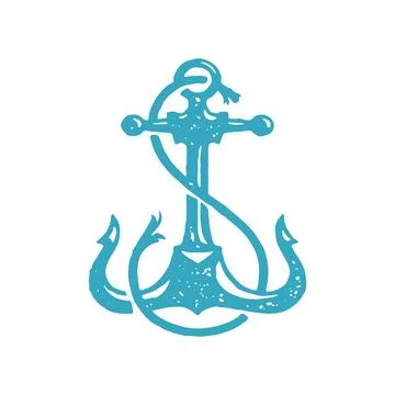 Vintage sharp nautical anchor with rope for ship safety parking blue grunge.. 스톡 일러스트