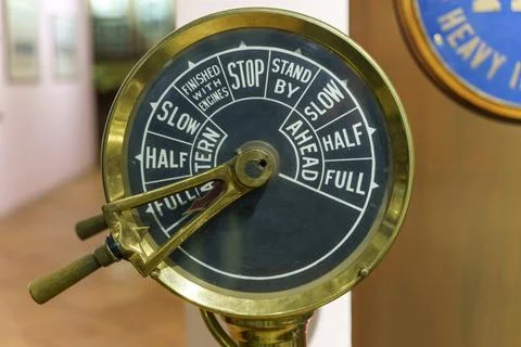Vintage ship engine telegraph dial close-up, nautical control instrument Fotos de archivo
