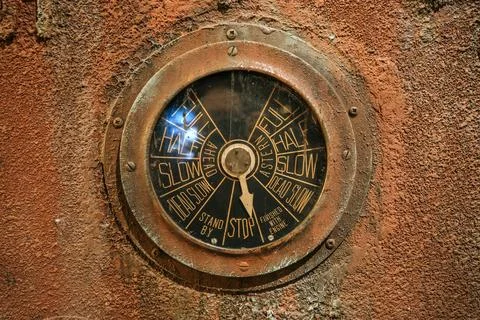 Vintage ship engine telegraph dial close-up, nautical control instrument Stock Photos