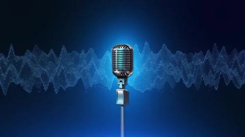 Vintage Silver Broadcast Microphone with Glowing Blue Sound Wave Vídeos de archivo 342639623