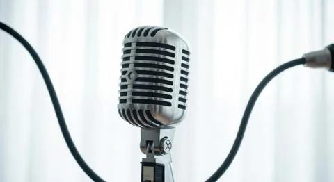 Vintage silver microphone on stand with cables in a studio setting for reco.. Stock Illustration
