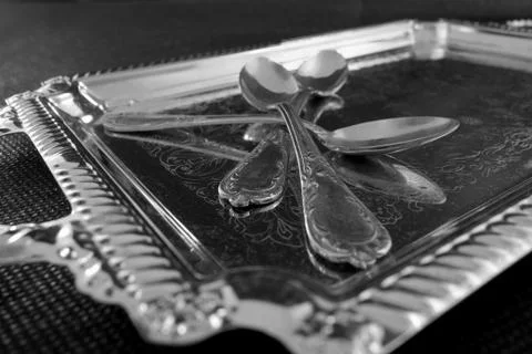 Vintage silver spoons with patterns Stock Photos