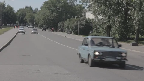Vintage Soviet Lada Zhiguli Car Driving on City Street Stock Footage 101605950