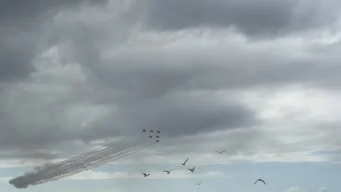 Vintage Spitfire Formation Flying Over Gold Coast During Pacific Airshow Stock Footage 345020413