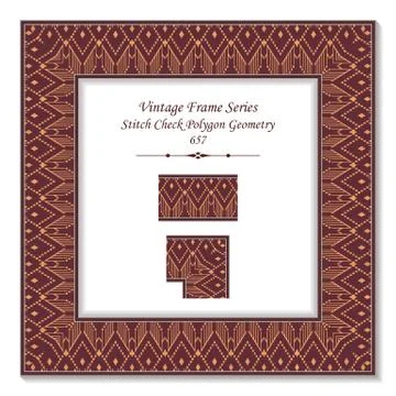 Vintage square 3D frame aboriginal red stitch check polygon geometry line Stock Illustration