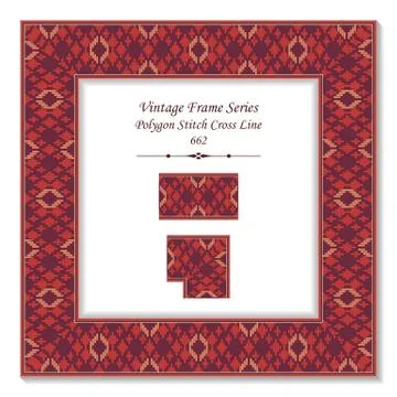 Vintage square 3D frame red polygon stitch cross line Stock Illustration