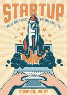 Vintage startup poster with rocket taking off from an open laptop Stock Illustration