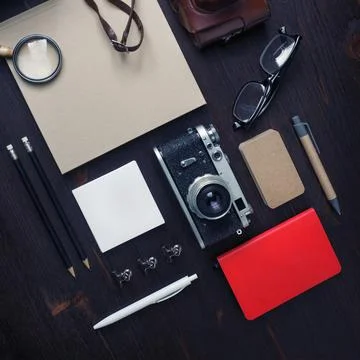 Vintage stationery and camera Stock Photos