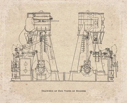 Vintage Steam Engine End View Drawings Stock Illustration