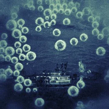 A vintage steamboat is seen through a pattern of circular, bubble-like shap.. Stock Photos