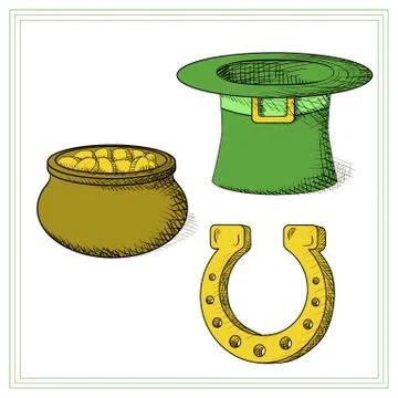 Vintage st.patricks set, hat, pot of gold and horseshoe. Illustrazione stock