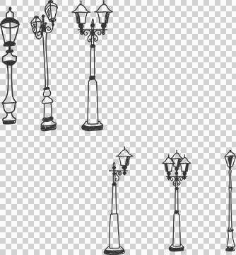 Vintage street light posts set, old street lamp posts, sidewalk lantern, vector Stock-Illustration
