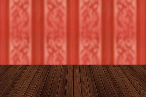 Vintage striped pattern wall and wooden deck tabletop Foto stock