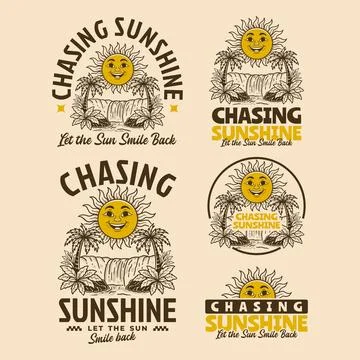 Vintage style design sheet featuring a smiling sun above tropical waterfall.. Ilustração Stock