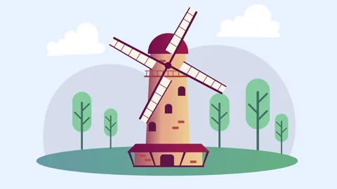 Vintage-style old windmill with rotating blades, against a countryside backdrop. Stock-Footage 279467966