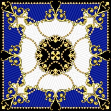 Vintage Style Pattern with Chains, Scarf Golden Baroque Design for Silk Print. S Stock Illustration