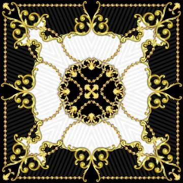 Vintage Style Pattern with Chains, Scarf Golden Baroque Design for Silk Print. S Stock Illustration