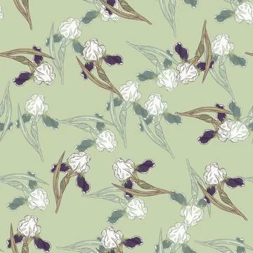 Vintage style seamless pattern with doodle iris flower ornament. Light green  Illustrazione stock