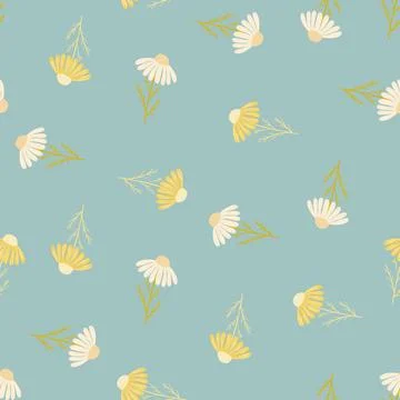 Vintage style seamless pattern with random white and yellow camomile flowers  스톡 일러스트