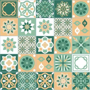 Vintage style square ceramic tile design, green white beige neutral color, st Stock Illustration