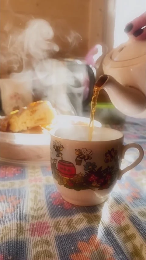 Vintage Style Tea Cup Bee and Honey Pot Decorative Pattern 4K Stock Footage 337514340