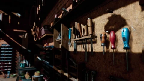 Vintage stylized old carpenter workshop interior Stock Footage 229858425