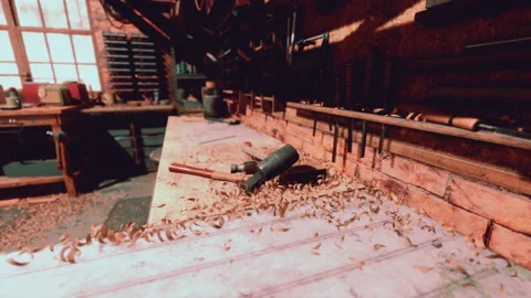 Vintage stylized old carpenter workshop interior Stock Footage 232933126