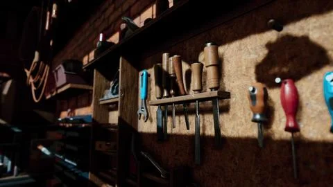 Vintage stylized old carpenter workshop interior Stock Illustration