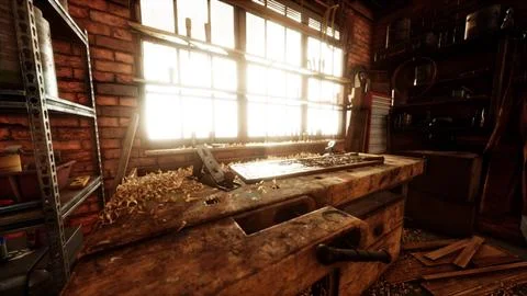 Vintage stylized old carpenter workshop interior Stock Illustration