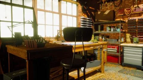 Vintage stylized old carpenter workshop interior Stock Illustration