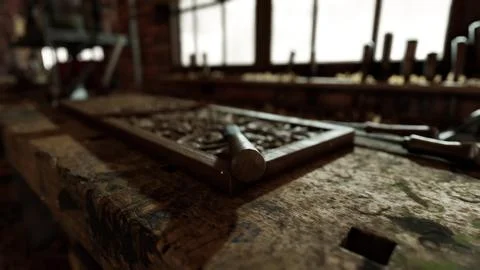 Vintage stylized old carpenter workshop interior Stock Illustration
