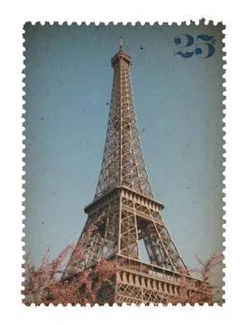 Vintage stylized post stamp with Eiffel Tower from Paris France isolated on w 写真素材