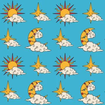 Vintage sun and moon pattern with clouds on a blue background Stock-Illustration
