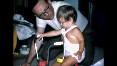 Vintage Super 8 - first steps 1969: first birthday party, gifts, grandfather Stock Footage 253886769