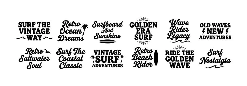 Vintage Surf Typography Bundle Retro Surfing Quotes for Beach Summer Lifestyle Stock Illustration